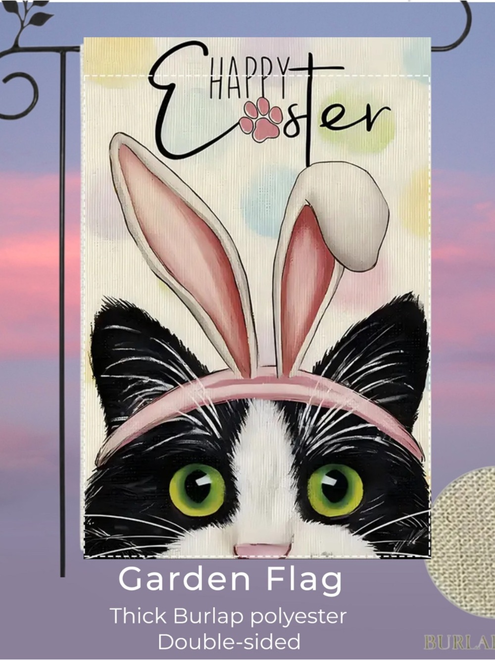 Easter Garden Flag with Cat and Bunny Ears, approx 12”x18”, burlap